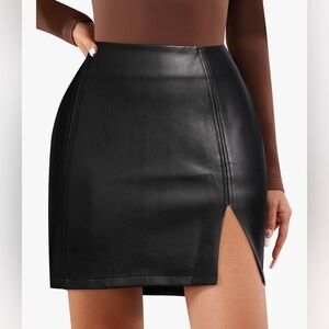 Womens High Waist Black Bodycon Mini Short Faux Leather Skirt with Slit E26